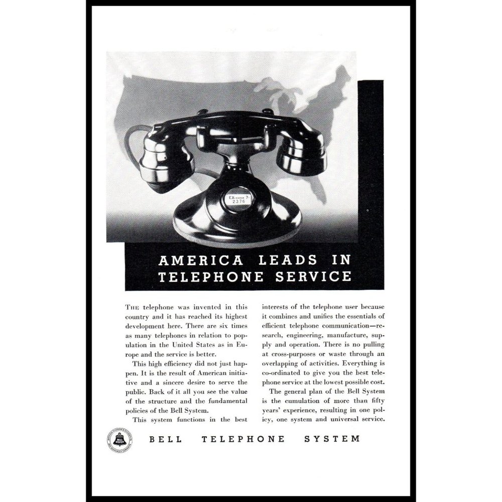 1934 Bell Telephone System Vintage Print Ad Map United States Phone Wall Art